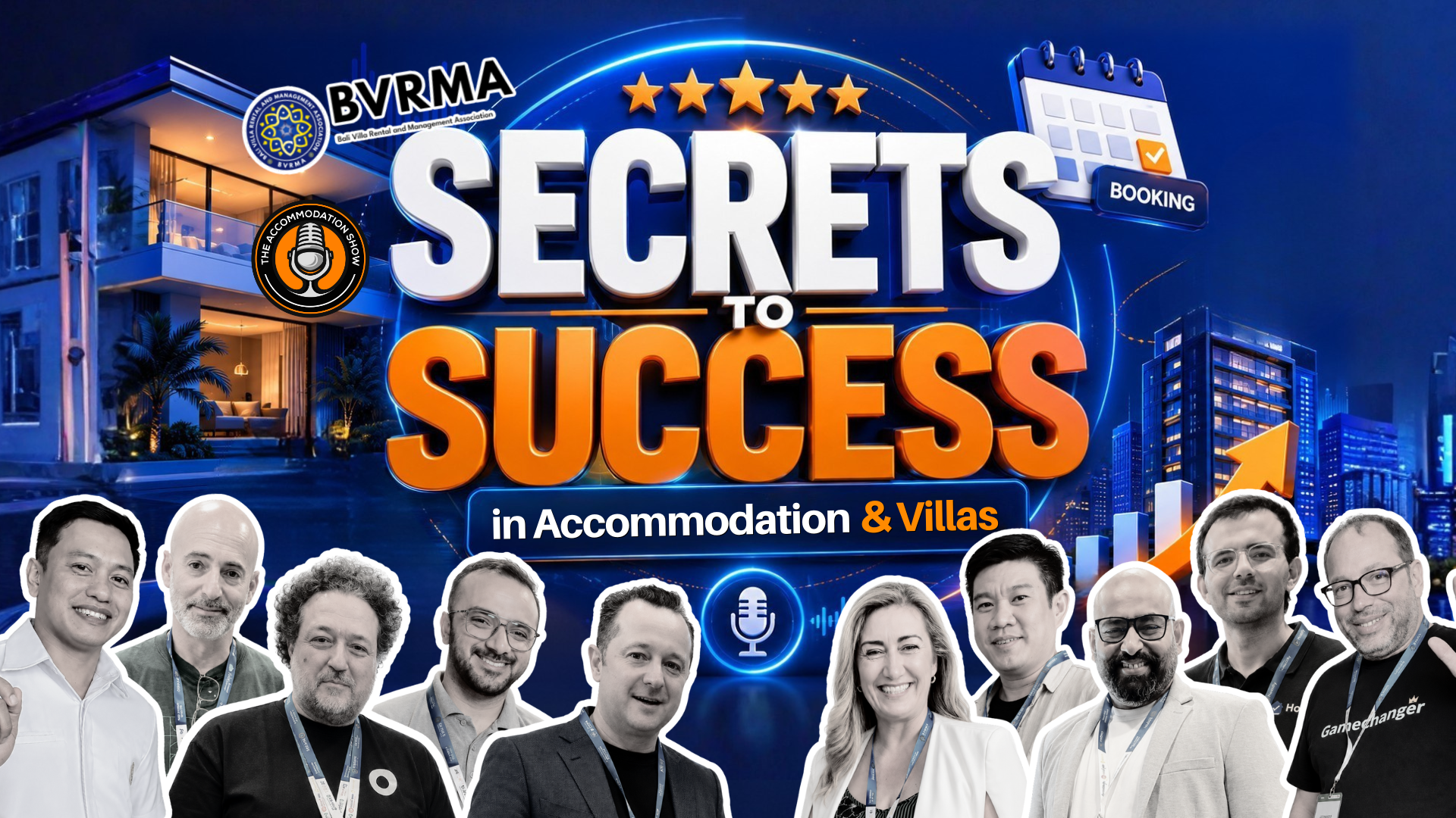 Promotional graphic for “Secrets to Success in Accommodation & Villas” featuring industry speakers, five-star branding, booking and calendar icons, luxury villa imagery, and growth-focused accommodation business themes.