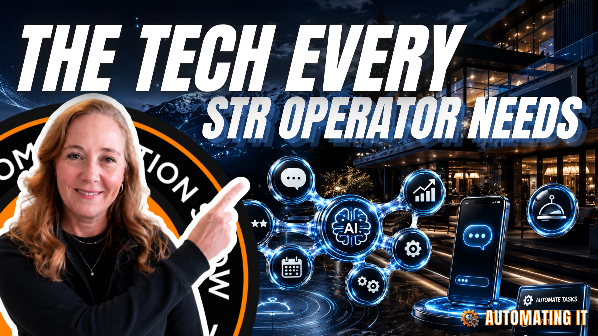 Podcast episode thumbnail featuring Corrine Harris of Operto discussing hospitality technology, AI automation, guest communication, and property management systems for short-term rental operators. Background includes a luxury vacation rental with digital AI and automation graphics.