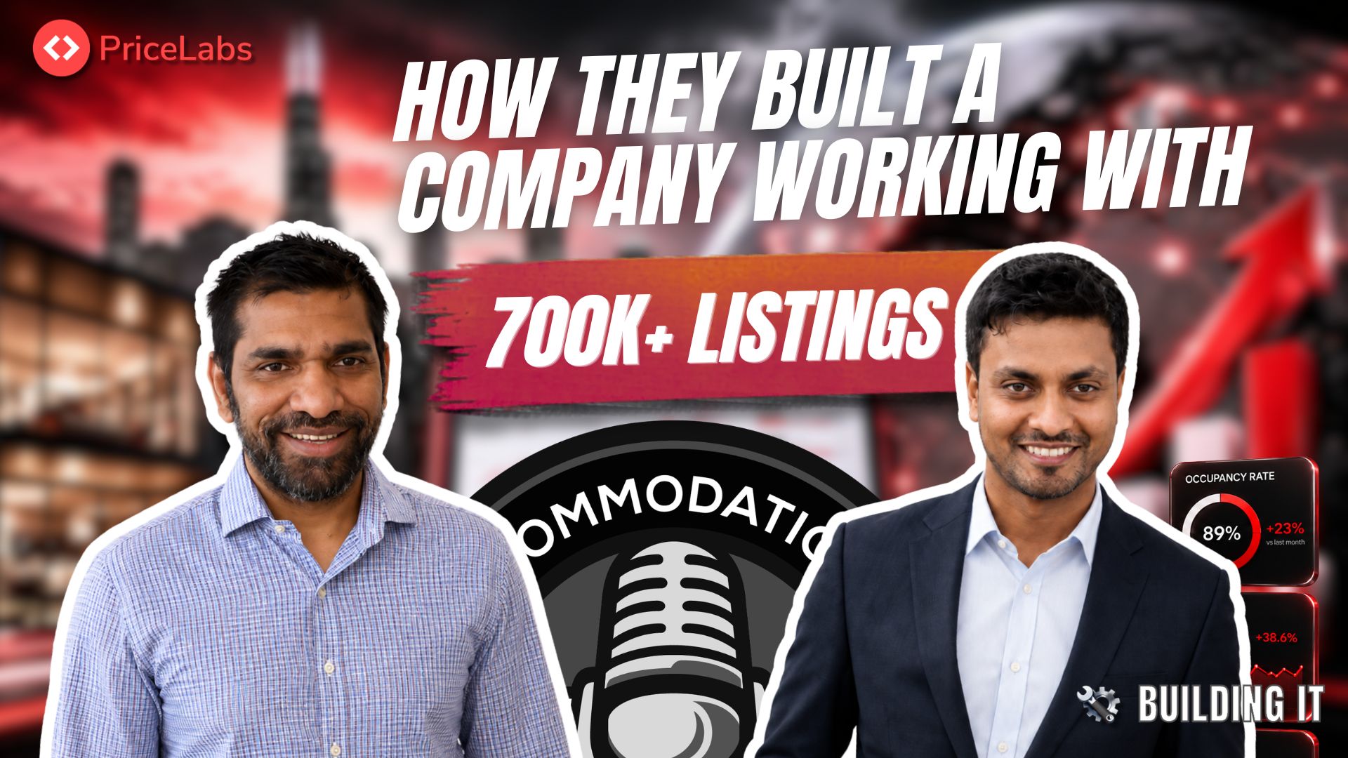 PriceLabs podcast thumbnail featuring two company founders discussing how they built a business supporting more than 700,000 short-term rental listings, with growth-themed branding and accommodation industry graphics.